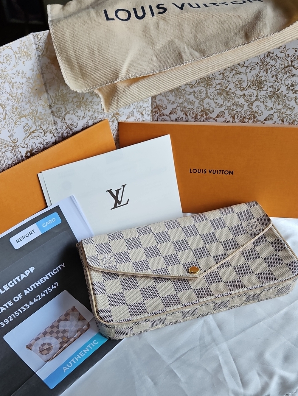 Louis Vuitton Pochette Felice Damier Azur in Cream and Light Gray Full Set